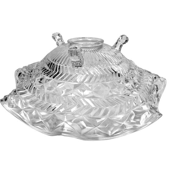 Footed Glass Vintage Centerpiece 12.75" Ruffled Top Bowl in Diamond Pattern - Picture 4 of 9